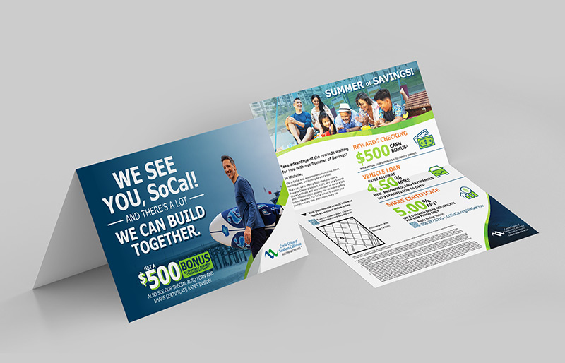 Mockup of a Credit Union of Southern California direct mail campaign featuring promotional offers and lifestyle imagery