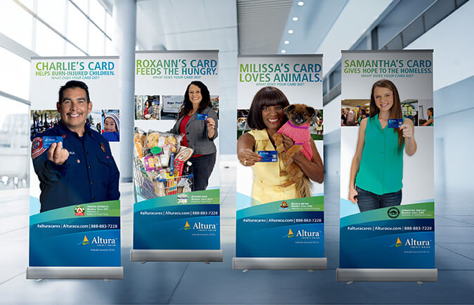 Altura Cares campaign banners showing members whose debit card use supports local nonprofit causes