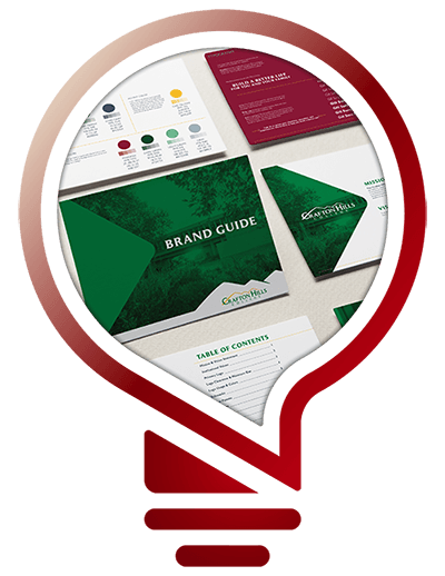 Image of a lightbulb with examples of branding work